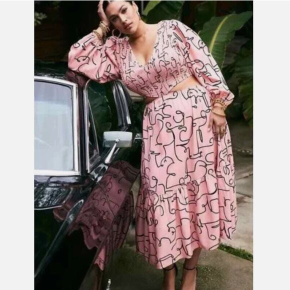 New Eloquii size 22 Pink Black Abstract Smocked Bodice Cut-out Midi Dress - Picture 1 of 11